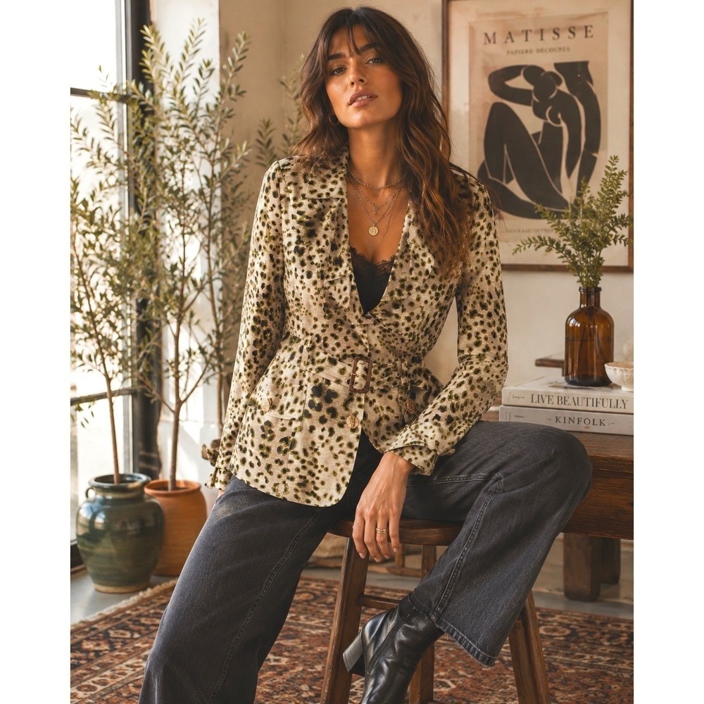 Fenn Wright Manson Silk Leopard Print Belted Ruffle Jacket Womens Medium Tan